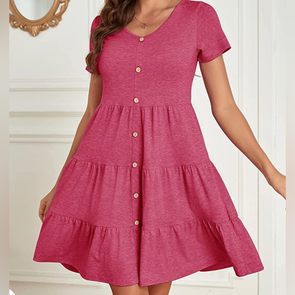 Summer Short Sleeve V Neck Button Down Casual Pocket Swing Short Dress